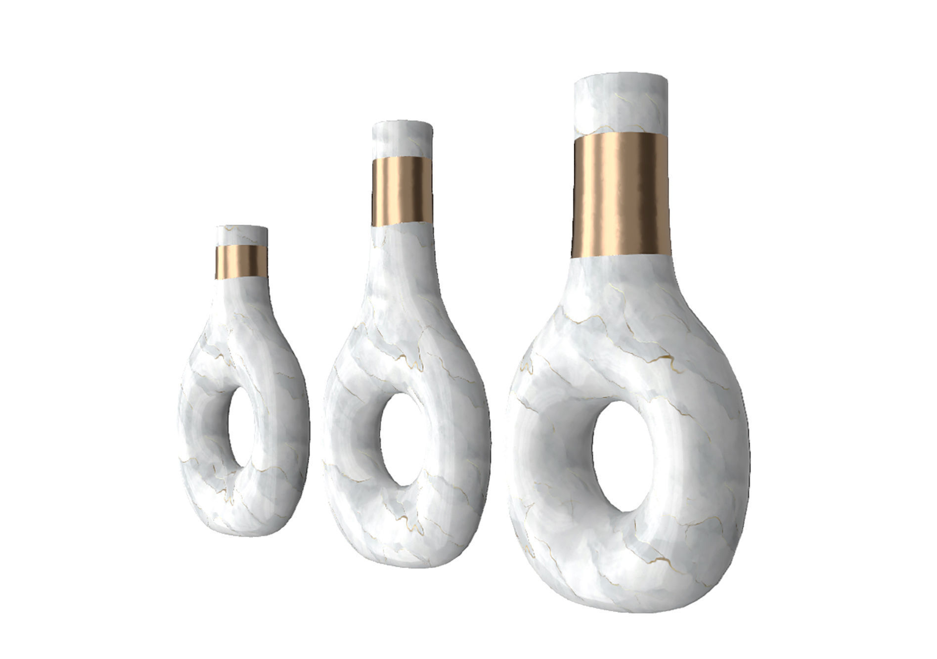 White Marble and Gold Decor Vase Set 3D model_2
