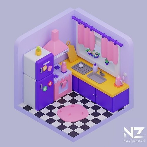 Stylized Kitchen 3D Low-poly 3D model