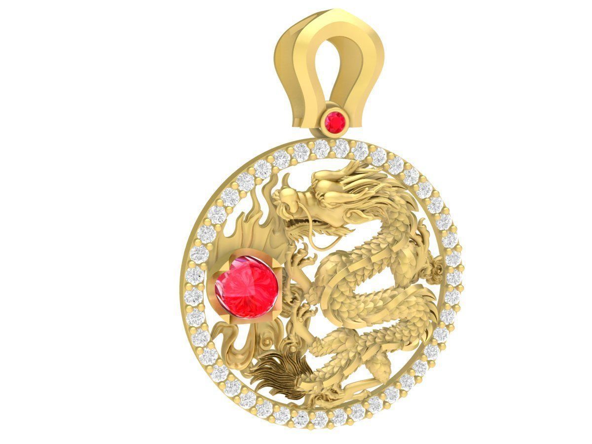 Chinese Dragon pendant with round Ruby 3673 3D print model_1