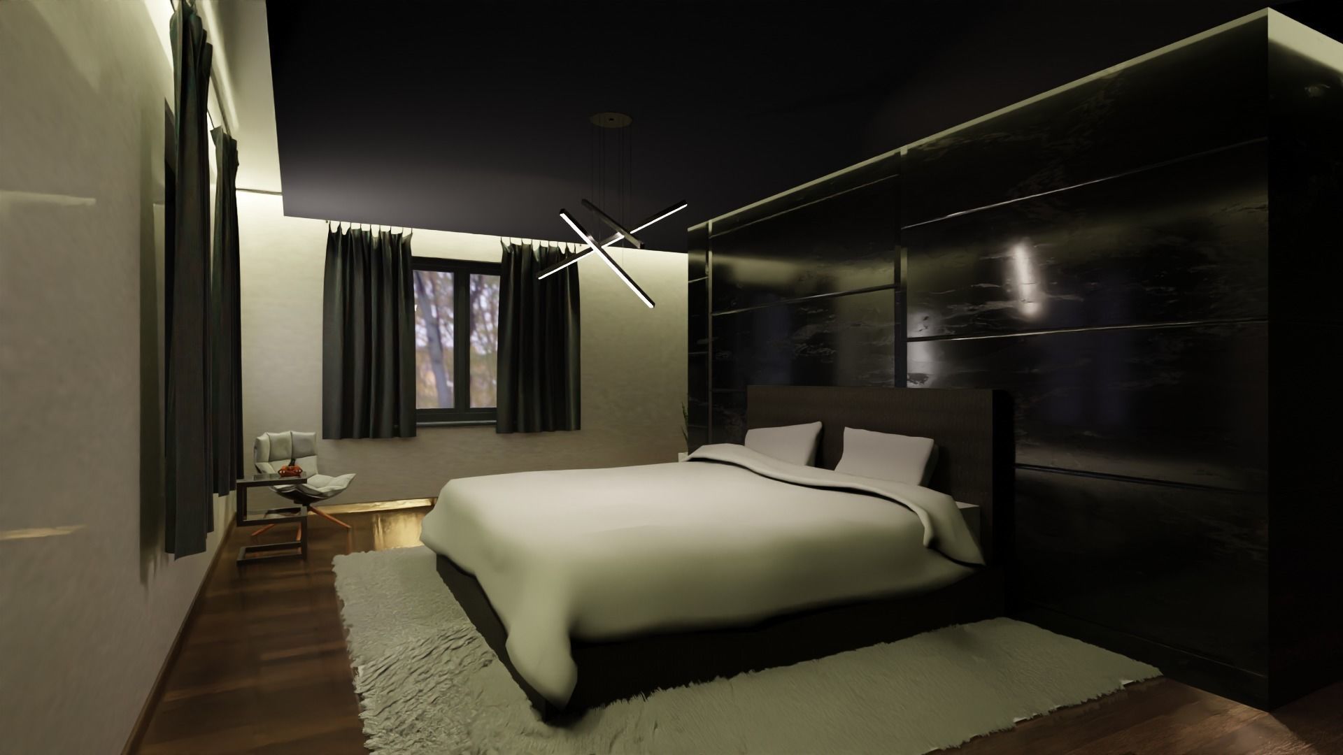 Realistic Room modern bedroom with walls and wooden floors Low-poly 3D model_1