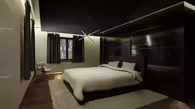 Realistic Room modern bedroom with walls and wooden floors