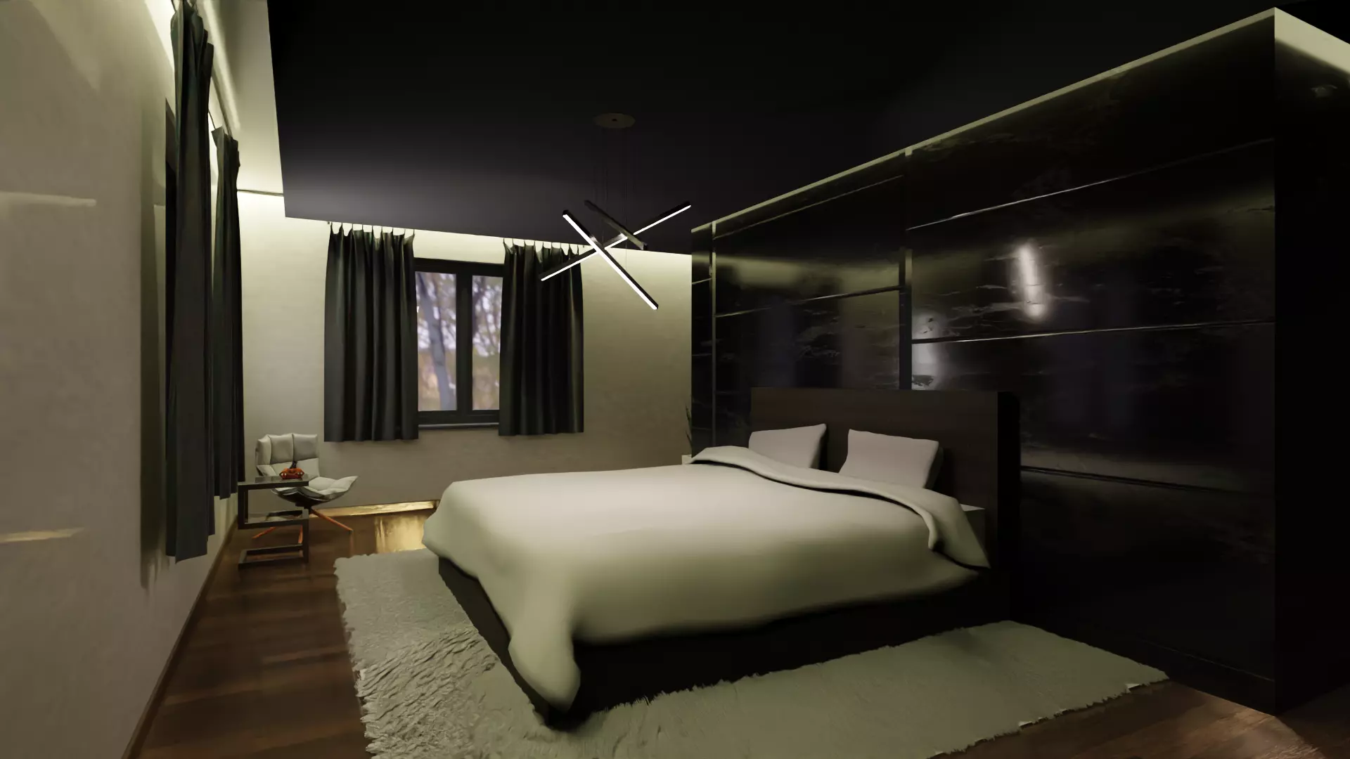 Realistic Room modern bedroom with walls and wooden floors Low-poly 3D model_0