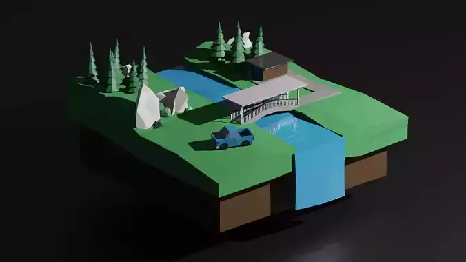 Low Poly World house on island with trees and river