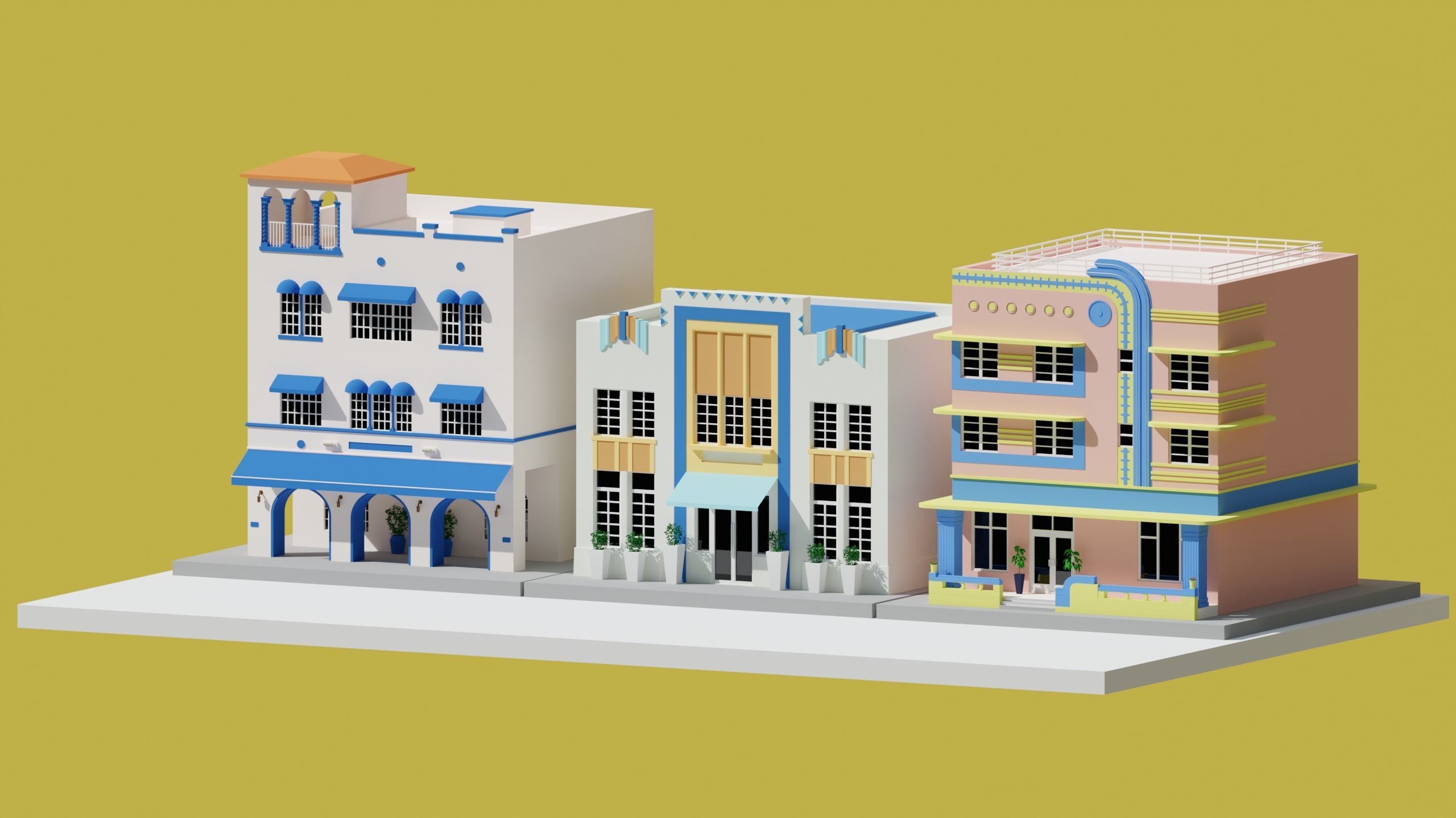 Low Poly Art Deco Buildings set 2 Low-poly 3D model_1