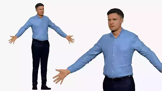 001289 man in blue tshirt blue pants in A pose low poly