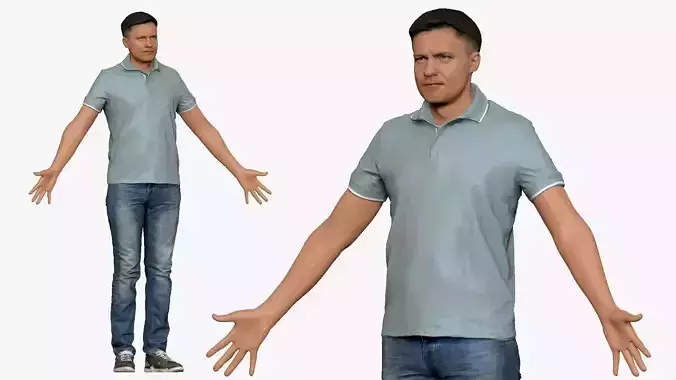 001290 man in blue jeans white bluish polo A pose low poly Low-poly 3D model