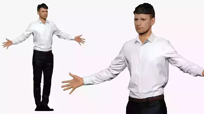 001291 man in white tshirt black pants hands in open pose low poly