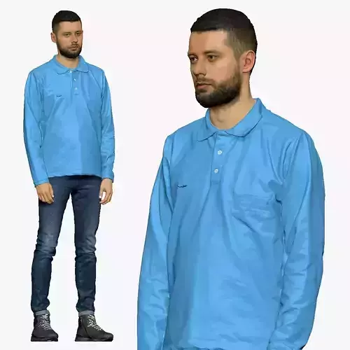 001296 man with beard in blue polo and jeans normal pose 3dp 3D print model