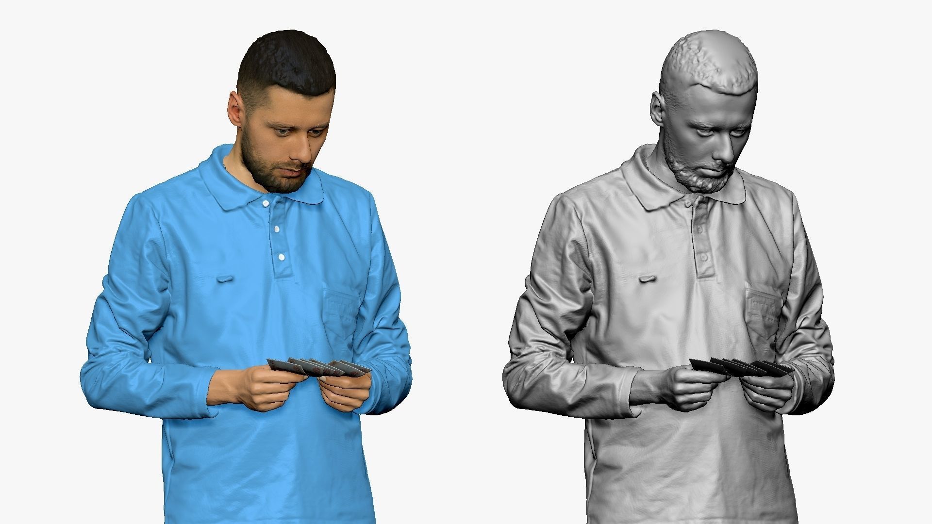 001297 man with beard in blue polo and jeans with money 3D model_5