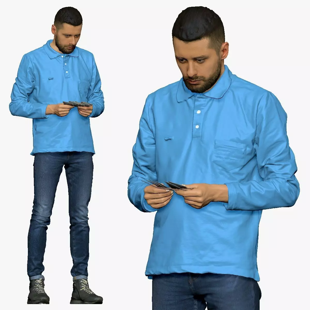 001297 man with beard in blue polo and jeans with money 3D model_0