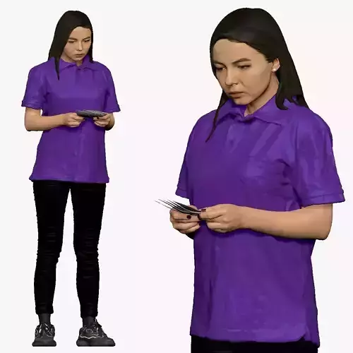 001299 woman with long hairs in purple polo money in hands 3D model