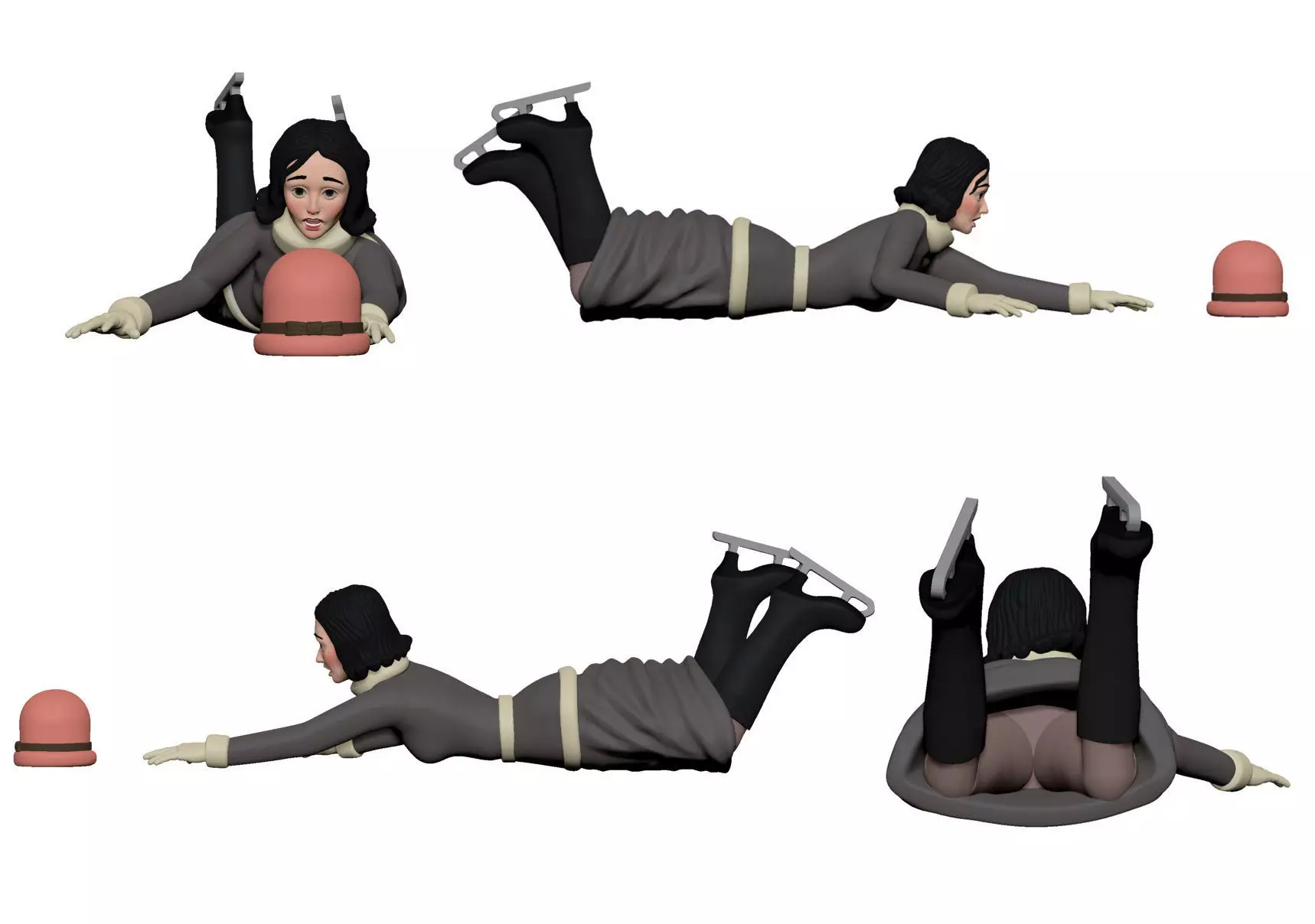 001306 fallen woman in skates with hat 3dp 3D print model_0