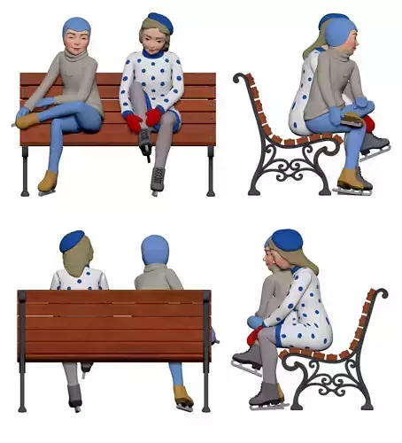 001307 two girls in skates seats on the bench 3dp 3D print model