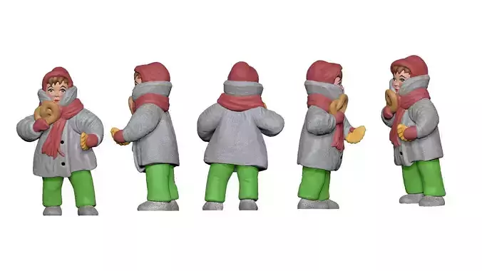 001312 kid in winter gray jacket and pink scarf backery in ha... 3D print model 001312 kid in winter gray jacket and pink scarf backery in ha... 3D print model