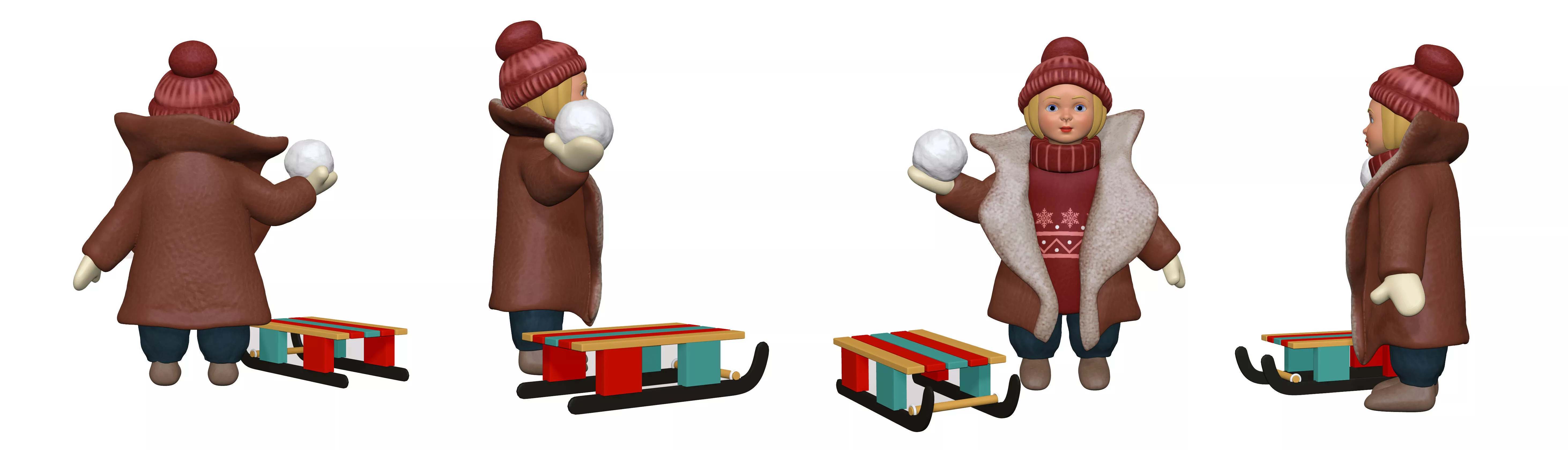 001318 blonde small girl with a snowball and sled 3D model