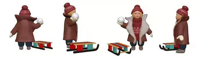 001318 blonde small girl with a snowball and sled 3dp 3D print model