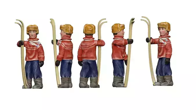 001341 junior kid in red sweater and skies in hand