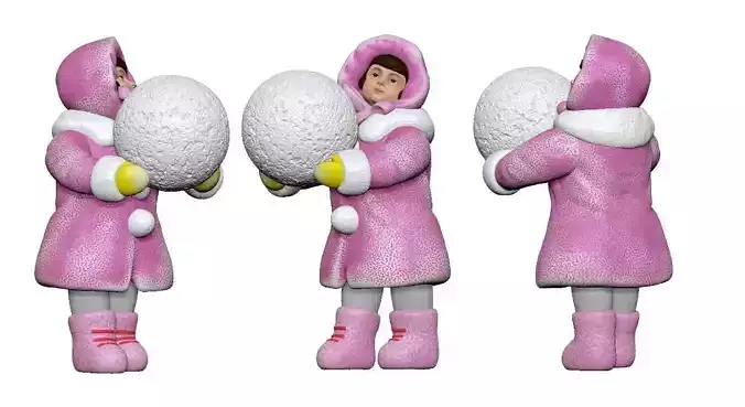 001350 girl in pink winter jacket with a big snowball for snowman