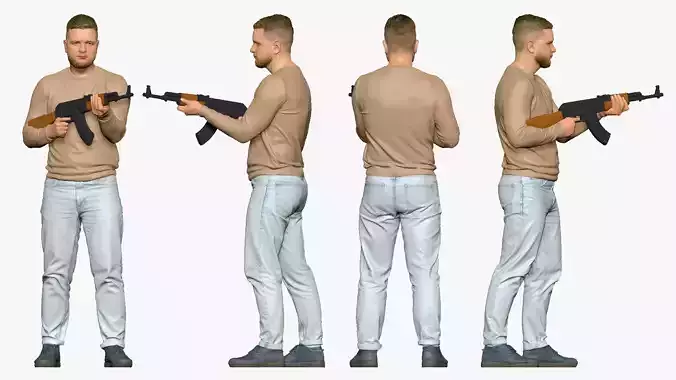 001504 man in a sweater with a machine gun