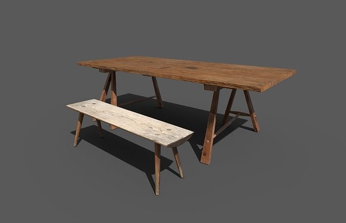Movable medieval table and bench set Low-poly 3D model