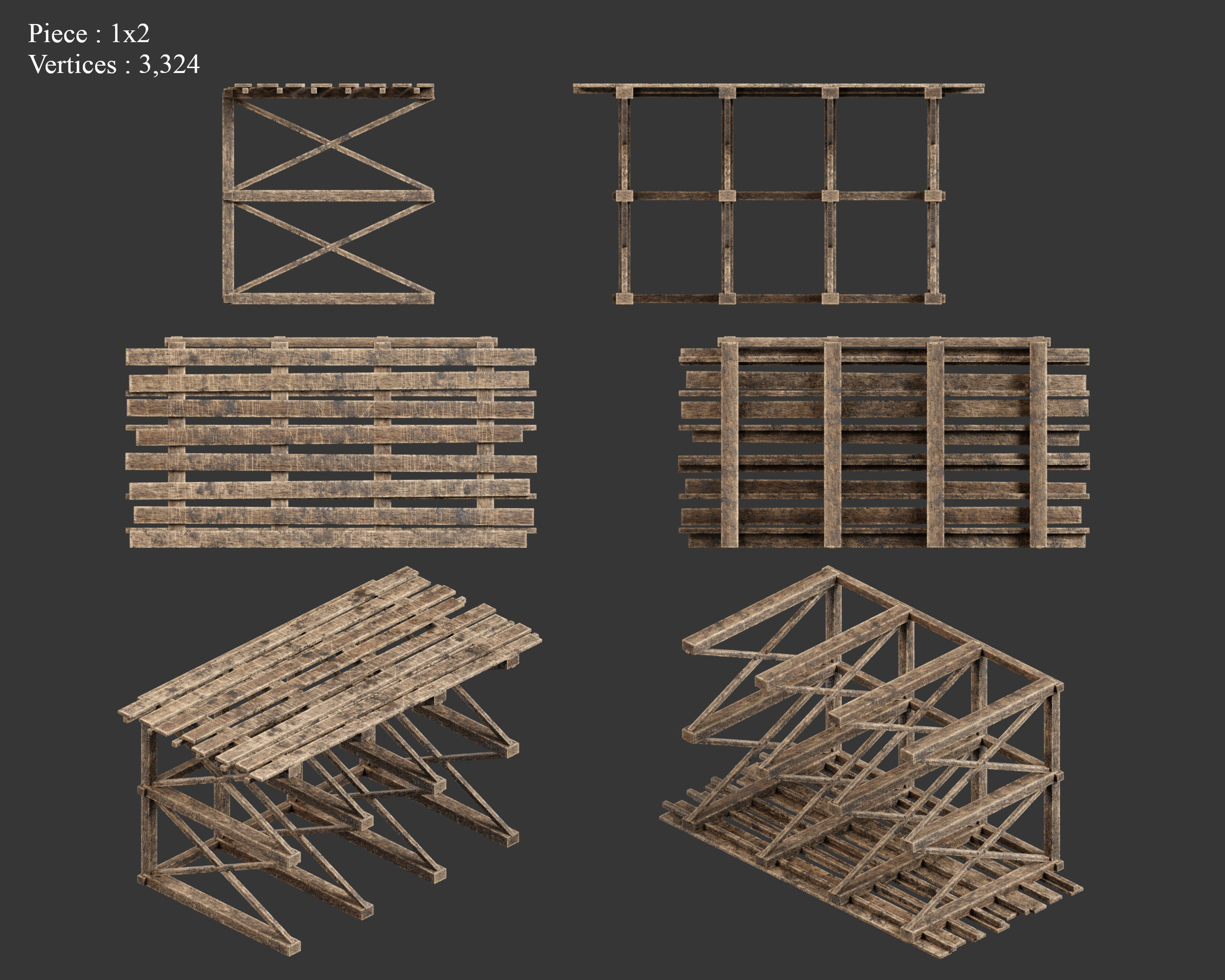 Medieval Siege Engine Ramp Building Set Low-poly 3D model_9