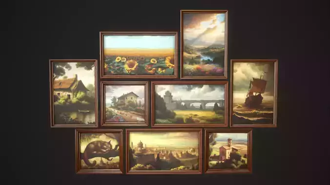 Set of vintage paintings Low-poly 3D model