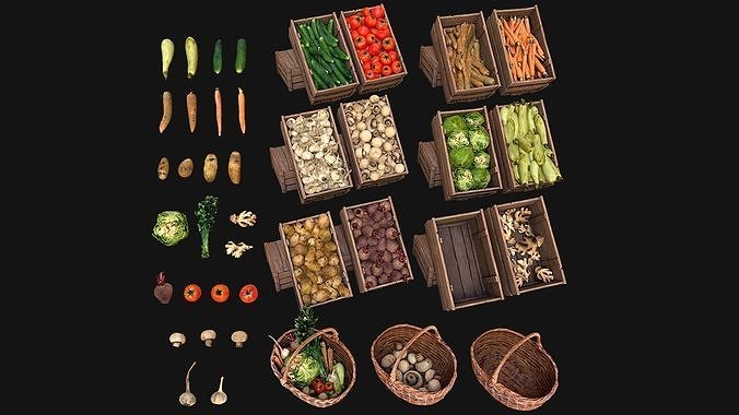Set of Boxes of Vegetables Crate Medieval Farm Bazaar Food Stall Low-poly 3D model 2