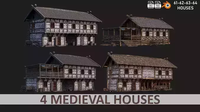 4 Old Medieval Building House Pack 4K Tex GameReady 61 to 64