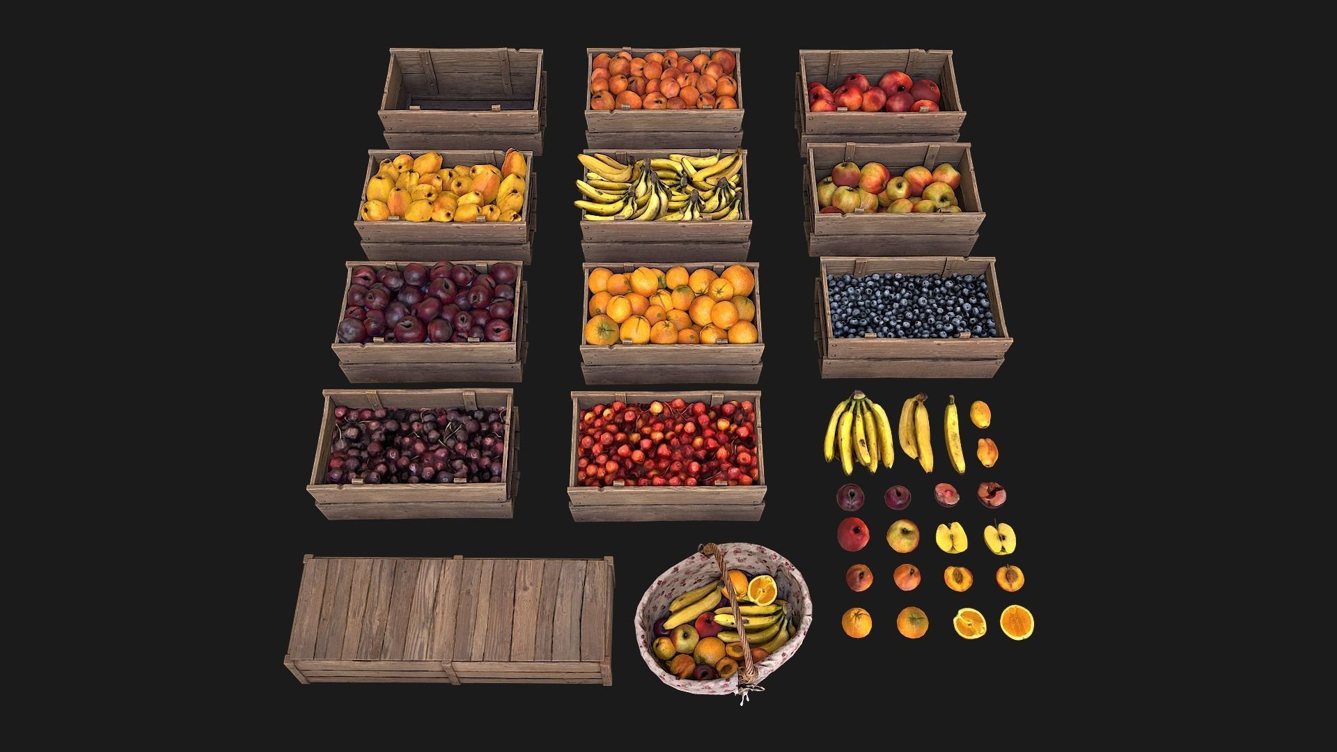 Set of Boxes of Fruits Crate Medieval Low-poly 3D model_2