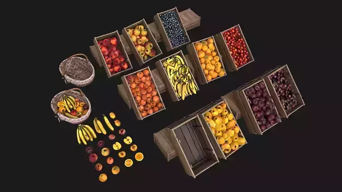 Set of Boxes of Fruits Crate Medieval Low-poly 3D model