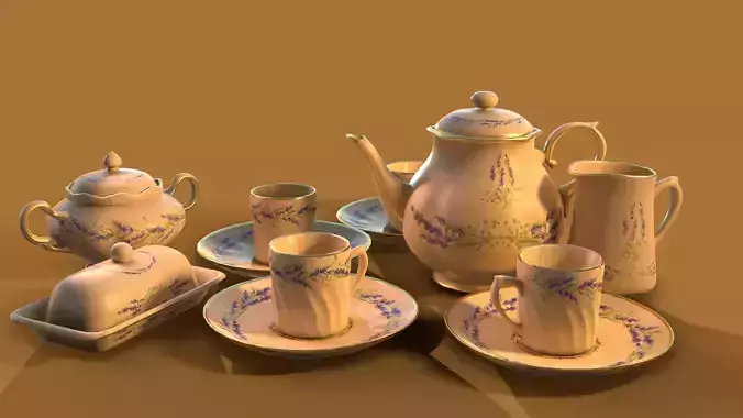 Tea set with cups and saucers Low-poly 3D model