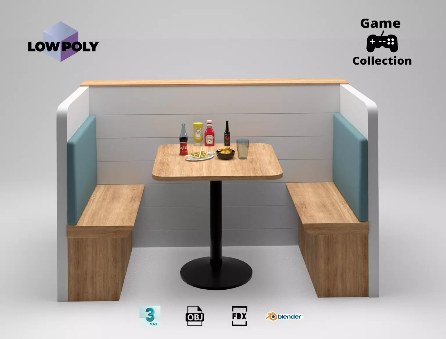 Diner set 1 table with two benches and bottle of wine Low-poly 3D model