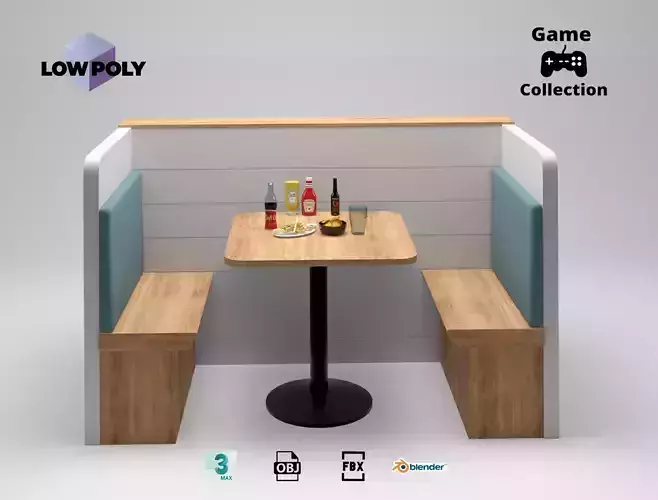 Diner set 1 table with two benches and bottle of wine Low-poly 3D model