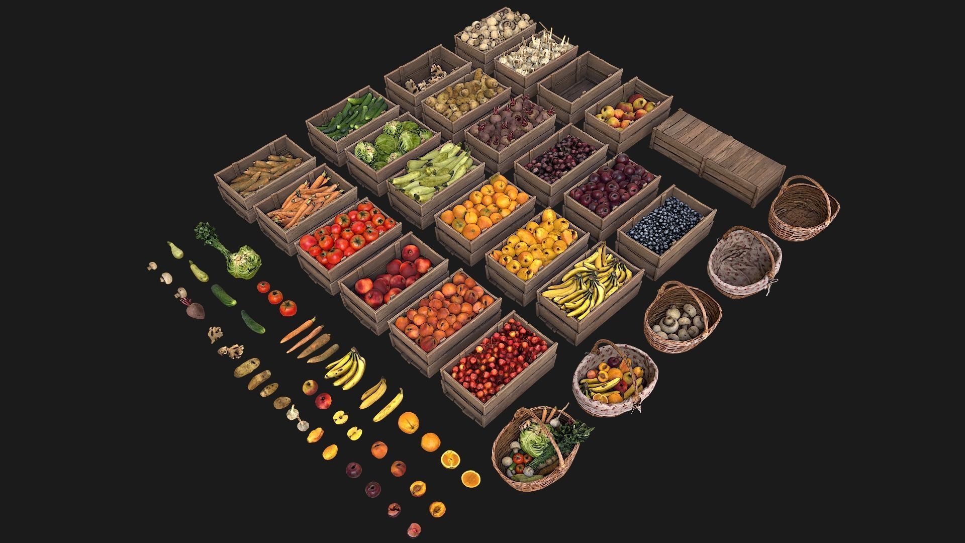 Vegetables and Fruits Bazaar Set Low-poly 3D model_4