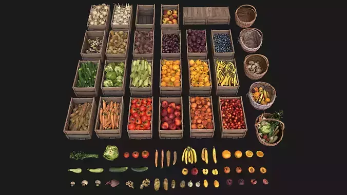 Vegetables and Fruits Bazaar Set Low-poly 3D model