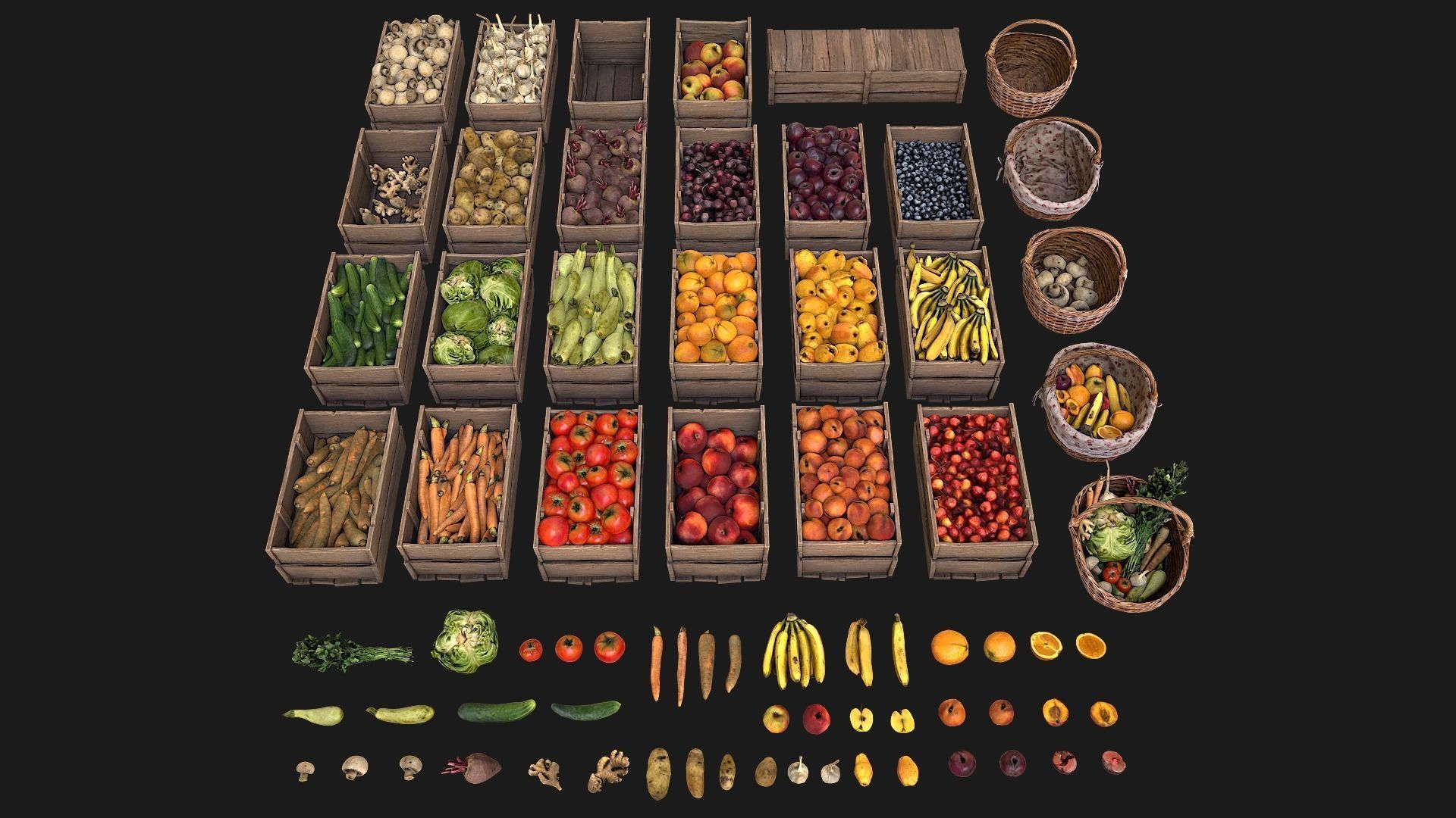 Vegetables and Fruits Bazaar Set Low-poly 3D model_0