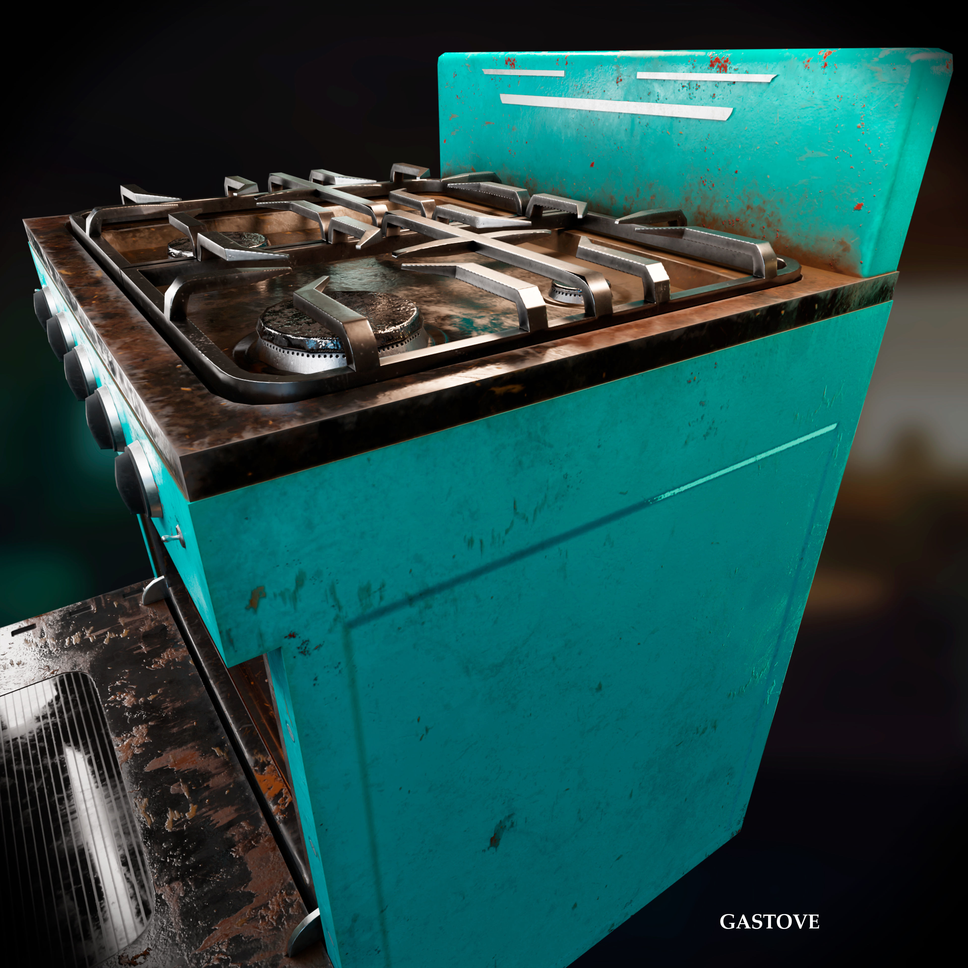 Old Gas Stove Metallic Dirty and Clean Low-poly 3D model_2
