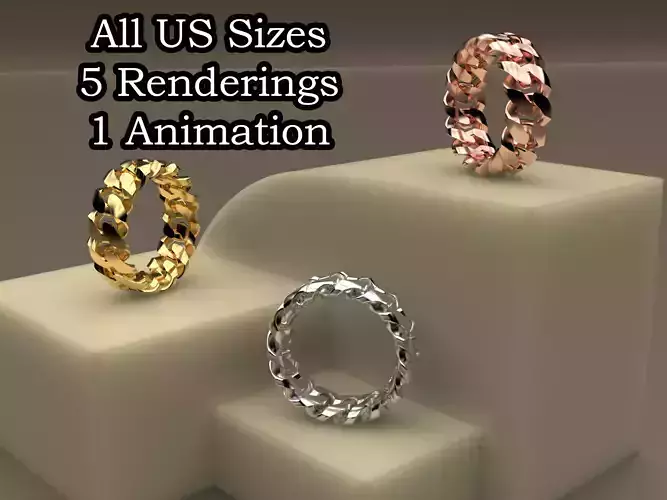 Cuban Link Aggressive Plain Ring 3D Model - US 5 to US 13 Sizes