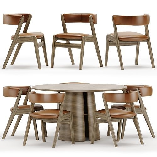 Dining set six chairs and round table 3D model