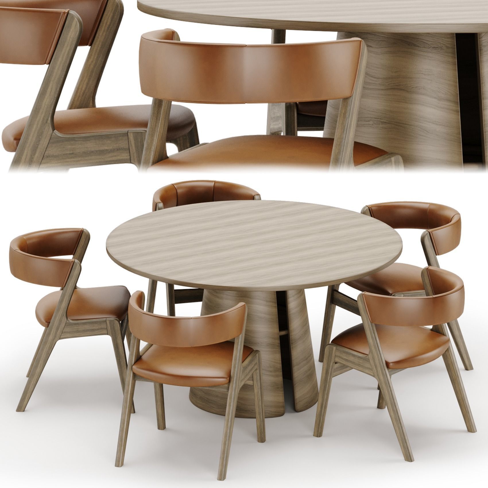 Dining set six chairs and round table 3D model_1