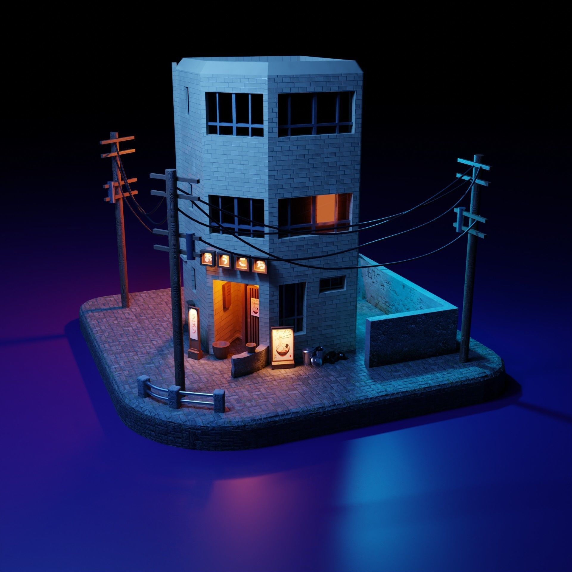 Low Poly Isometric Japan Style Restaurant Building  Low-poly 3D model_1
