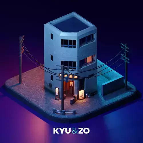 Low Poly Isometric Japan Style Restaurant Building  Low-poly 3D model