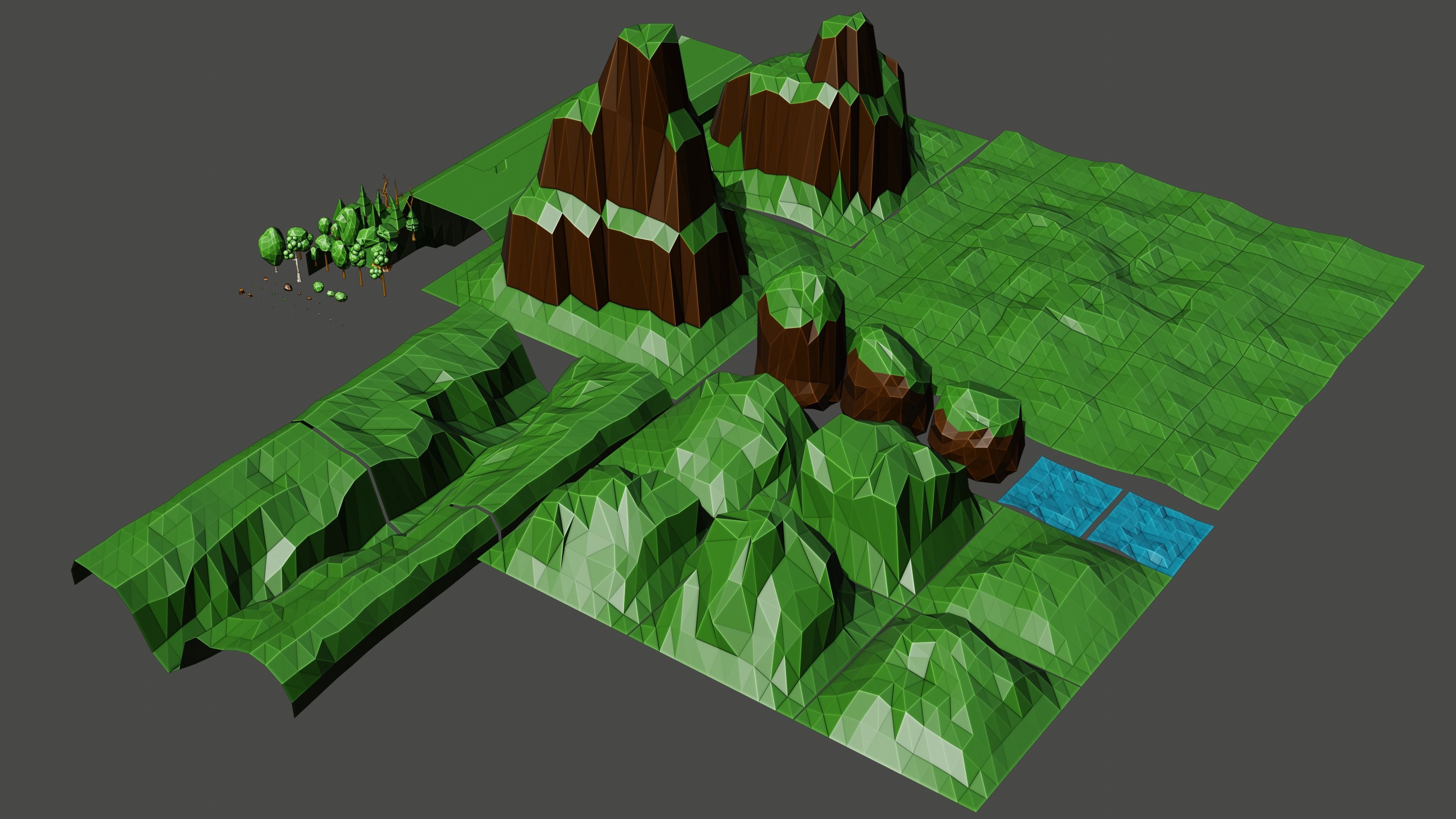 LowPolyPlain mountain with grass and trees Low-poly 3D model_2
