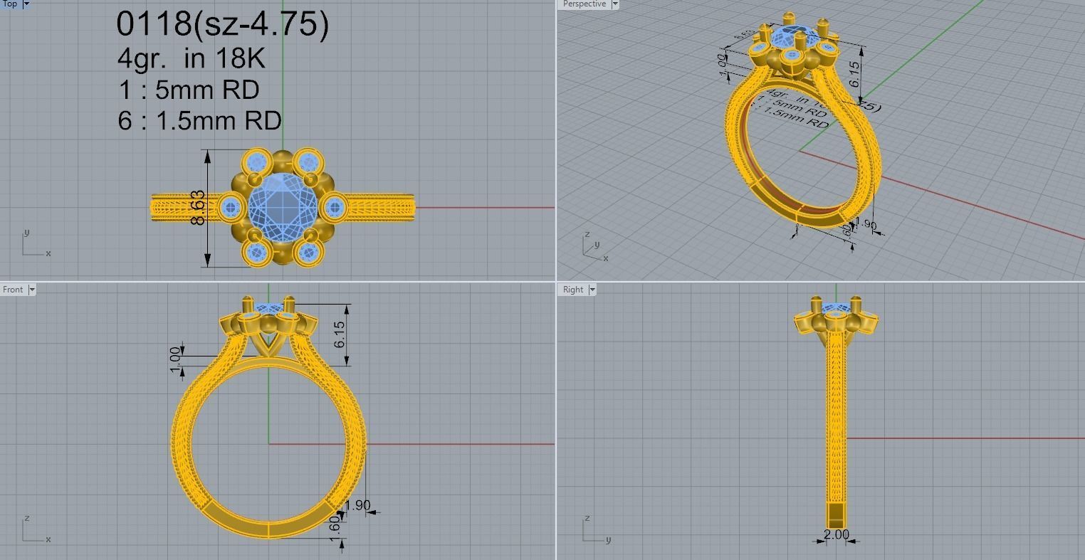 Round Diamond Cluster Ring 0118 3D print model_4