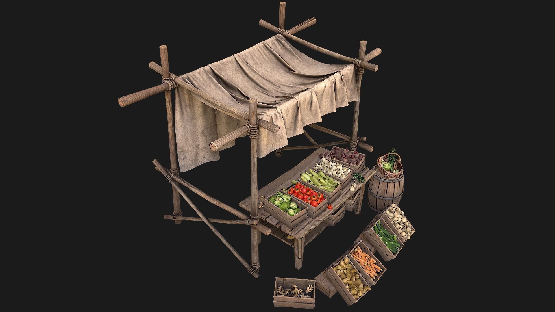 Medieval Market Vegetable Stalls Tent Pack Low-poly 3D model_7