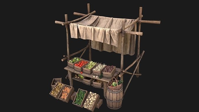 Medieval Market Vegetable Stalls Tent Bazaar Food Pack Low-poly 3D model 3