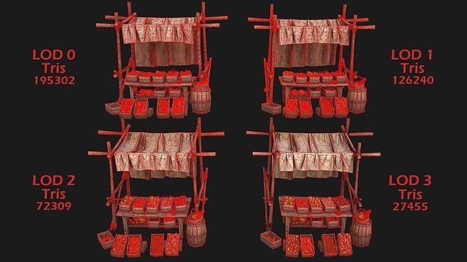 Medieval Market Vegetable Stalls Tent Bazaar Food Pack Low-poly 3D model 6