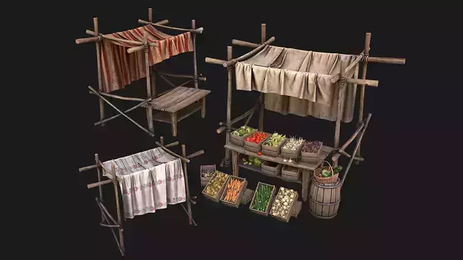 Medieval Market Vegetable Stalls Tent Pack Low-poly 3D model