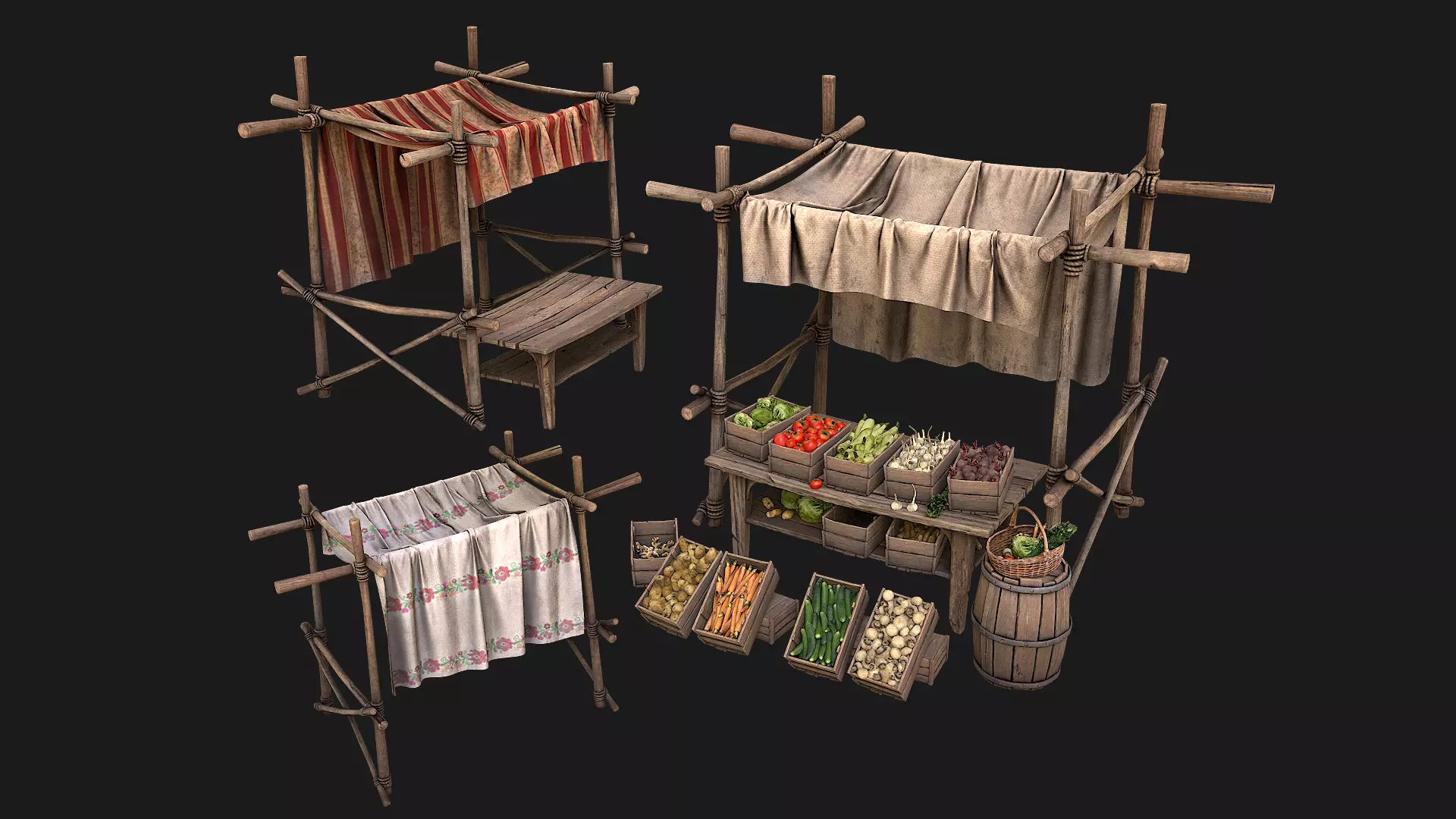 Medieval Market Vegetable Stalls Tent Pack Low-poly 3D model_0