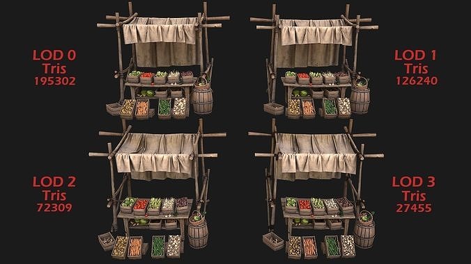 Medieval Market Vegetable Stalls Tent Bazaar Food Pack Low-poly 3D model 5